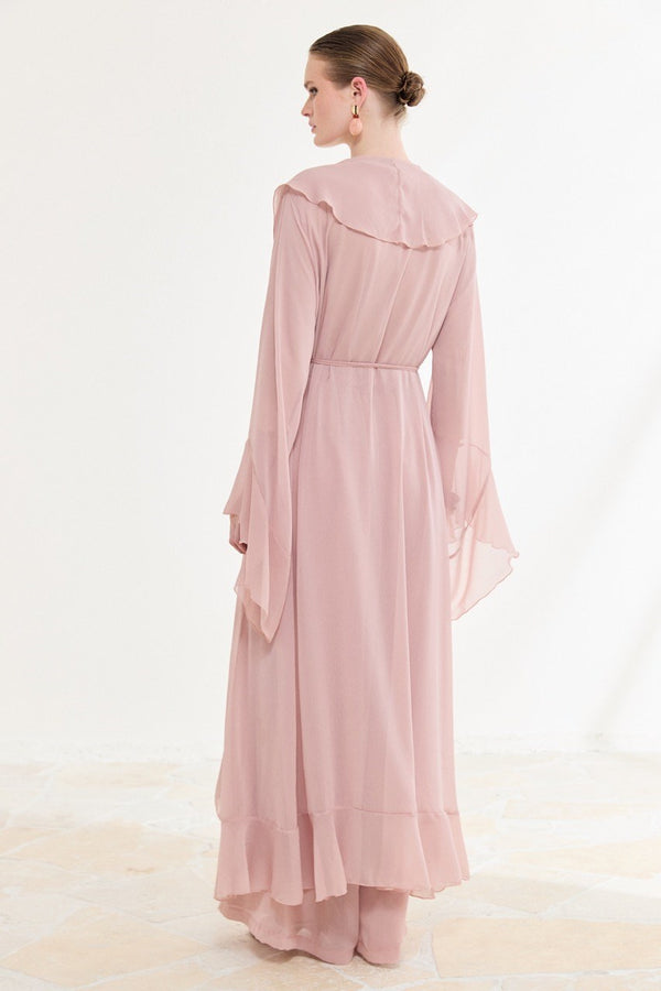 Ön Volanlı Şifon Abaya Takım - Pudra