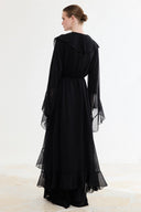 Ön Volanlı Şifon Abaya Takım - Siyah