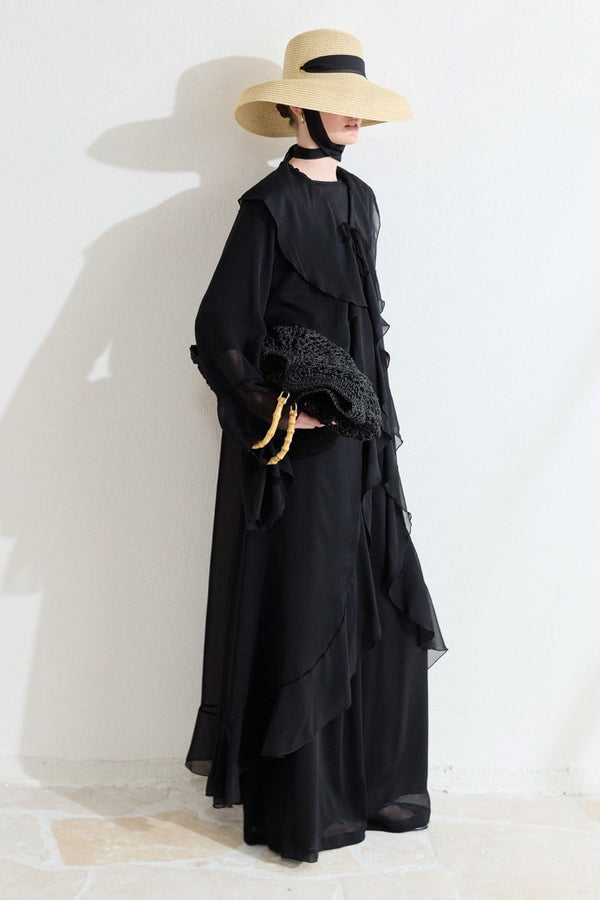 Ön Volanlı Şifon Abaya Takım - Siyah
