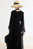 Ön Volanlı Şifon Abaya Takım - Siyah