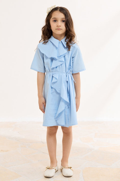 Ruffled Front Voile Dress - Blue
