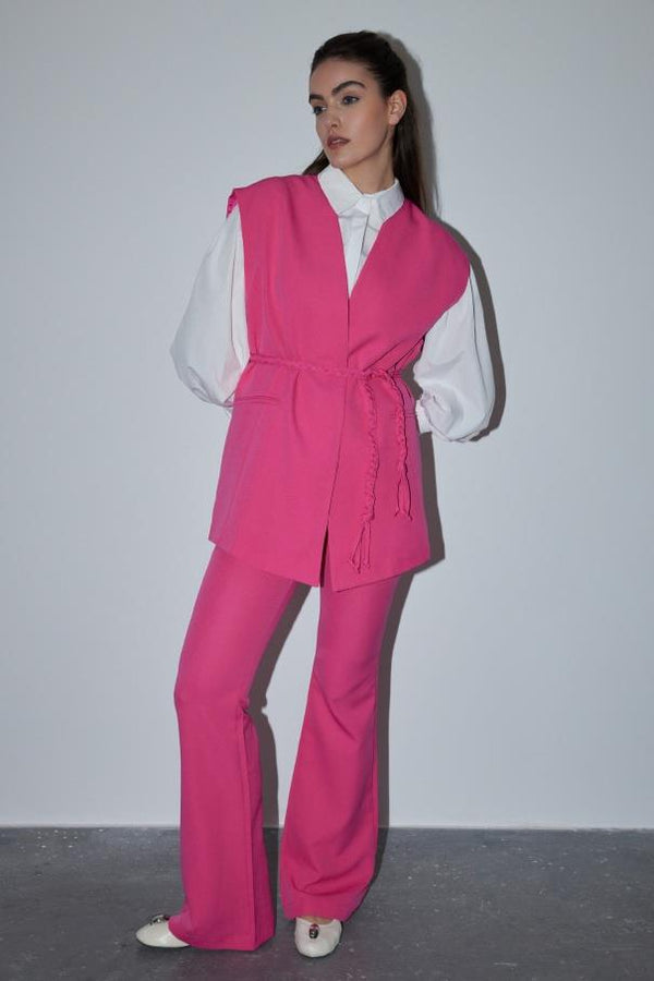 Örgü Kemerli Pantolon Takım - Pembe