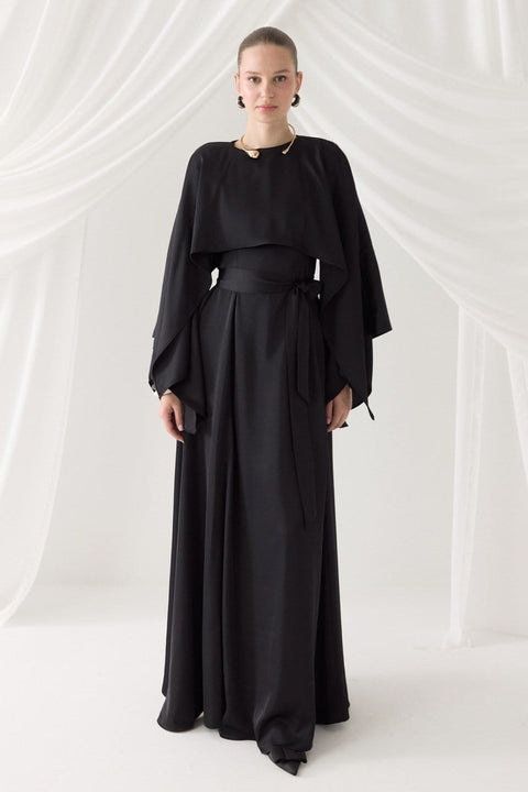 Cape Detail Chain Belt Evening Dress - Black