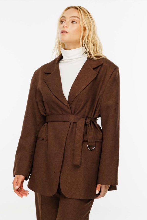 Premium Kemerli Blazer Ceket - Kahve
