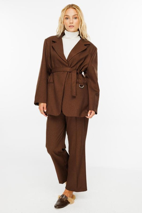 Premium Kemerli Blazer Ceket - Kahve