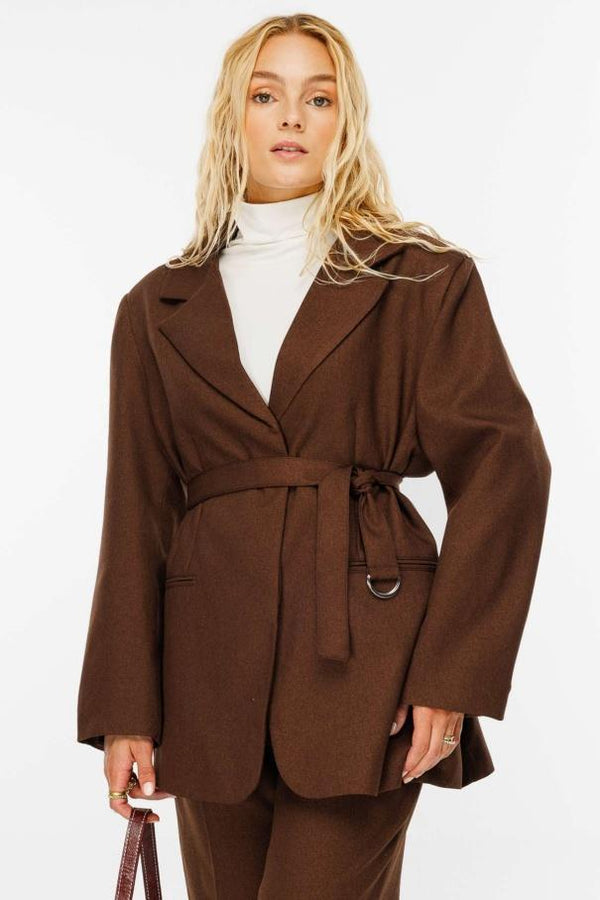Premium Kemerli Blazer Ceket - Kahve