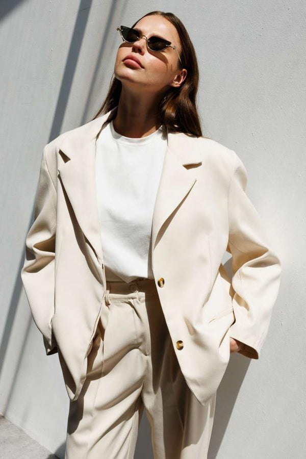 Premium Kemerli Blazer Ceket - Taş