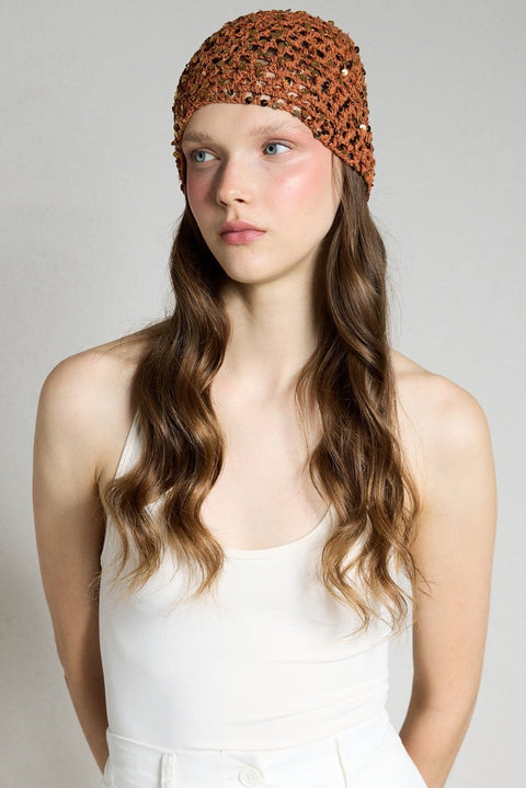 Sequin Knitted Beanie - Brown