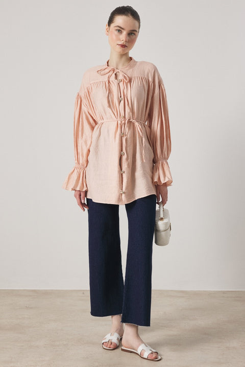 Yoke-Gathered Elastic-Waist Shirt - Powder