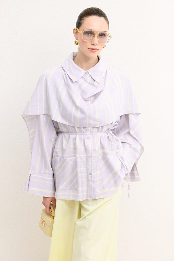 Şal Detaylı Çizgili Poplin Gömlek - Lila