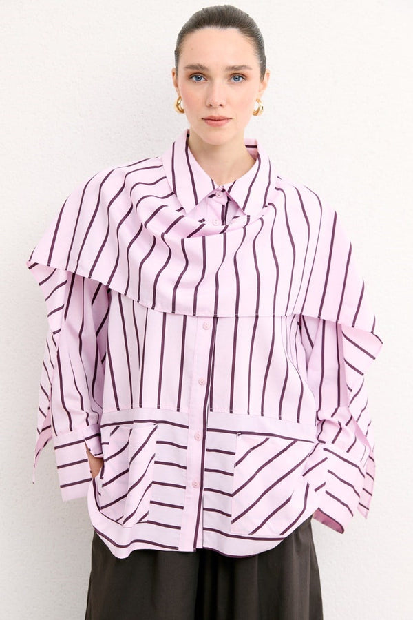 Şal Detaylı Çizgili Poplin Gömlek - Pembe