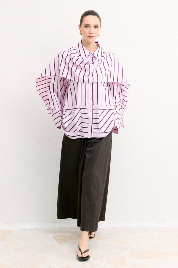 Şal Detaylı Çizgili Poplin Gömlek - Pembe