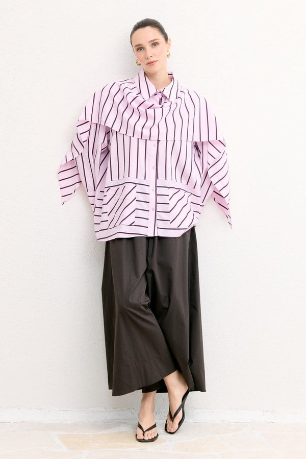 Şal Detaylı Çizgili Poplin Gömlek - Pembe