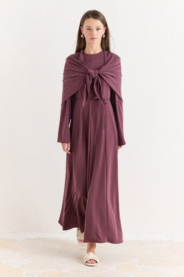 Şal Detaylı Modal Elbise - Mürdüm