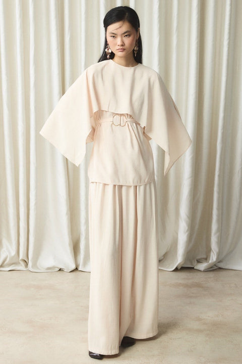 Shawl Collar Belted Set - Beige