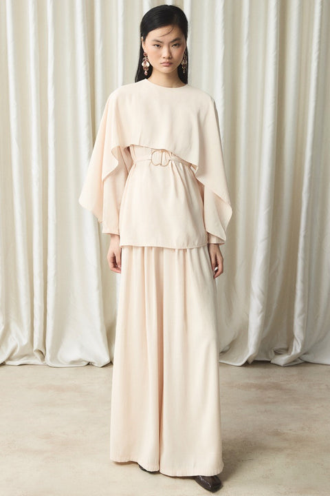 Shawl Collar Belted Set - Beige