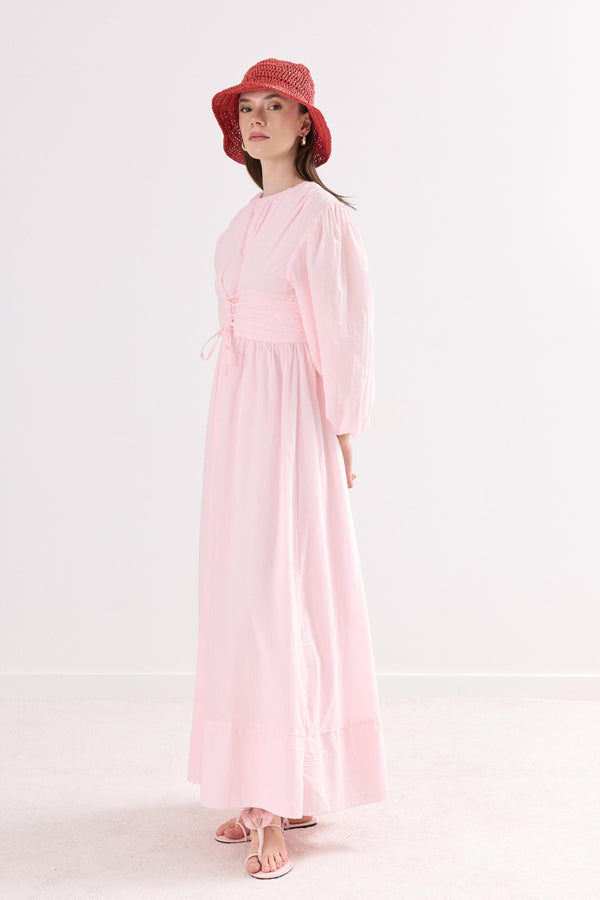Selen Bel Büzgülü Biritli Vual Elbise - Pembe