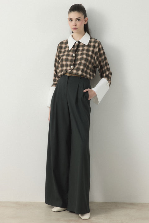 Selene Plaid Collar Cuff Shirt - Khaki