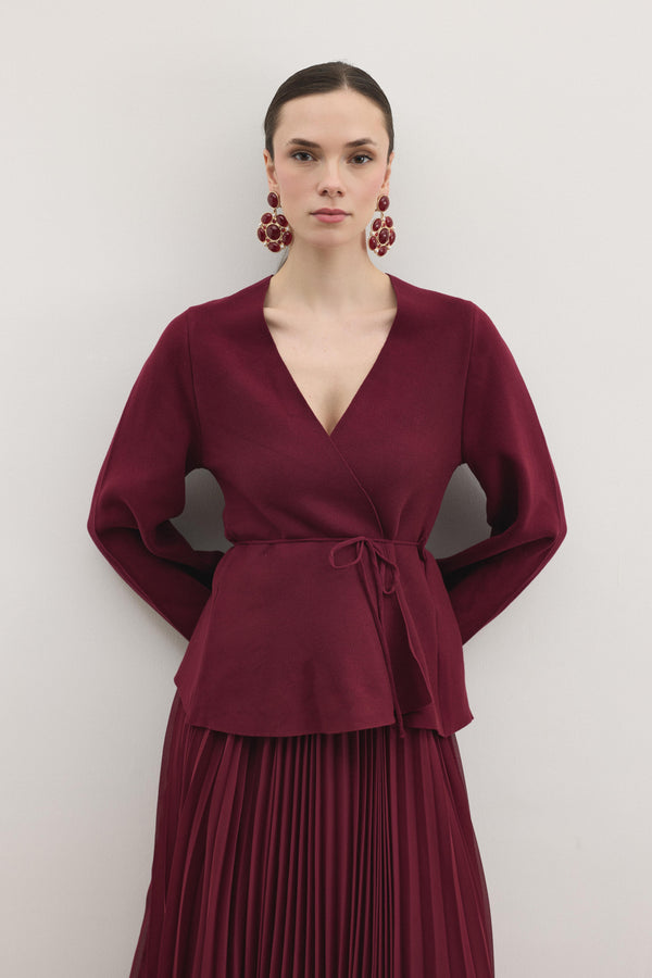 Shadow Peplum Triko Hırka - Vişne