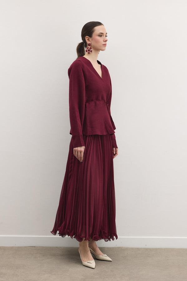 Shadow Peplum Triko Hırka - Vişne
