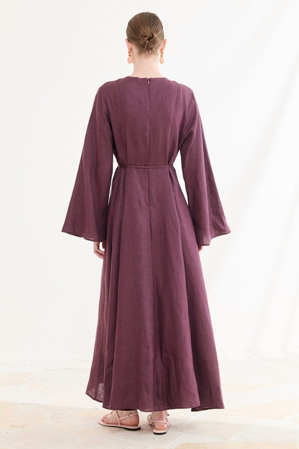 Siena Kloş Keten Elbise - Mürdüm