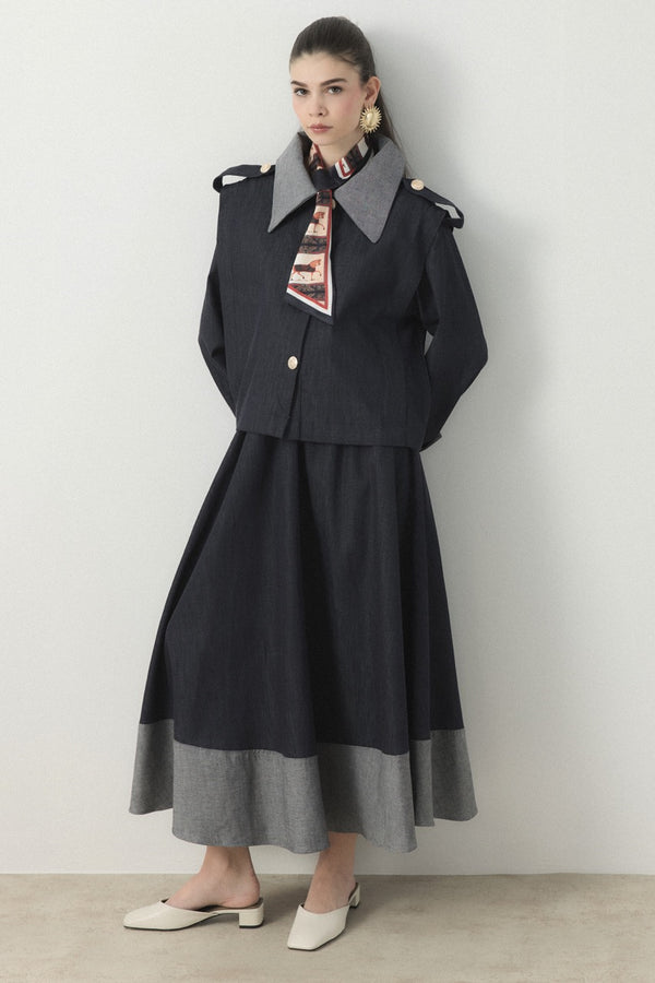 Ters Manşet Detaylı Kot Etek Takım - Lacivert