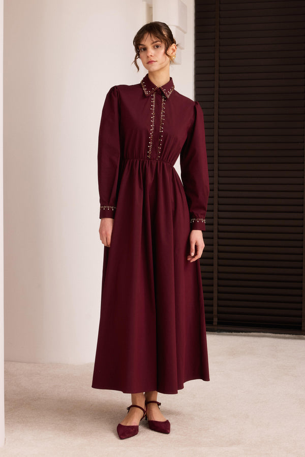 Veni Özel İşleme Detaylı Patlı Elbise - Bordo