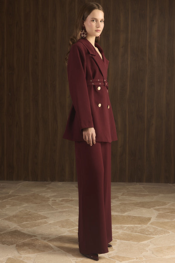 Veranka Kemerli  Blazer Ceket Takım - Bordo