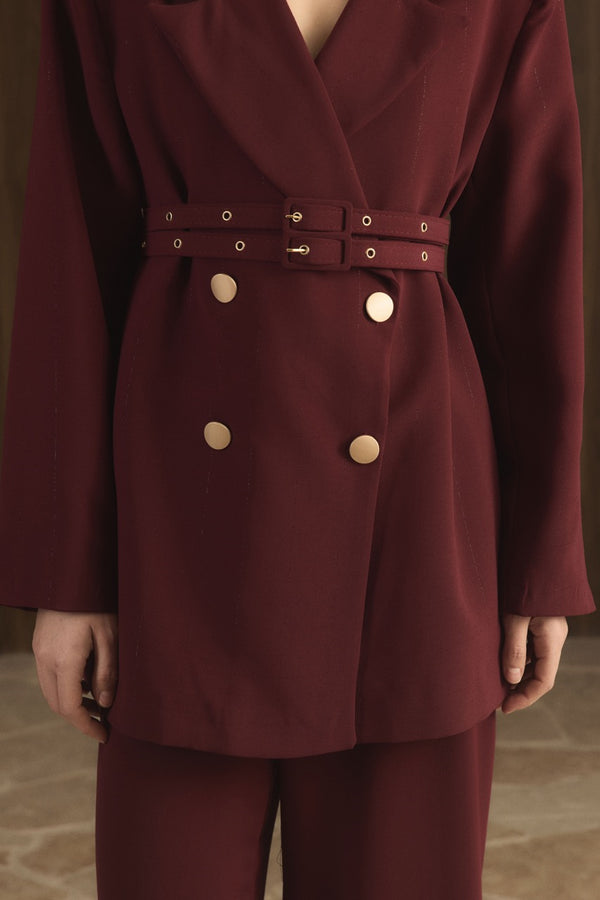 Veranka Kemerli  Blazer Ceket Takım - Bordo