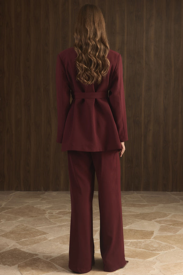 Veranka Kemerli  Blazer Ceket Takım - Bordo