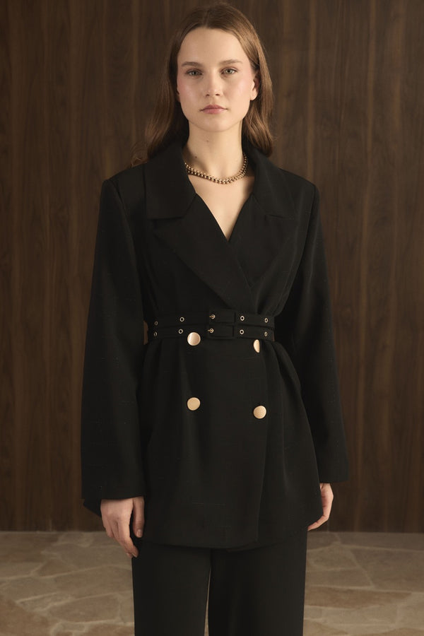 Veranka Kemerli  Blazer Ceket Takım - Siyah