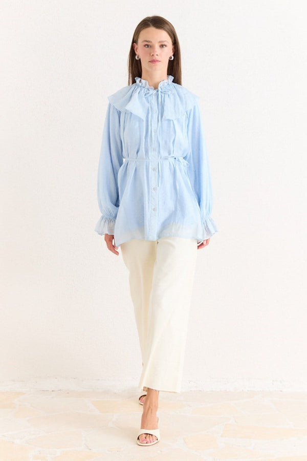 Volan Detaylı Simli Puantiyeli Gömlek - Mavi