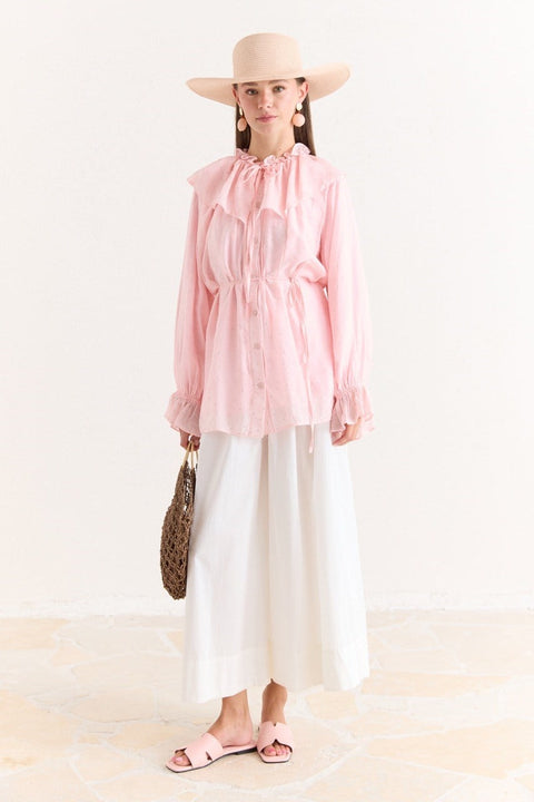 Ruffle Detailed Glittery Polka Dot Shirt - Pink