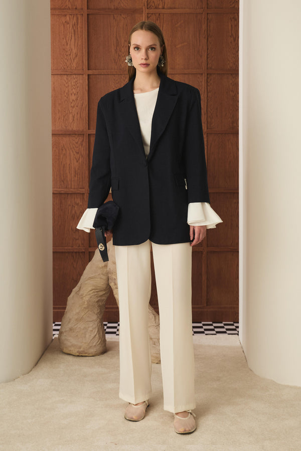 Volan Kol Blazer Ceket - Koyu Lacivert