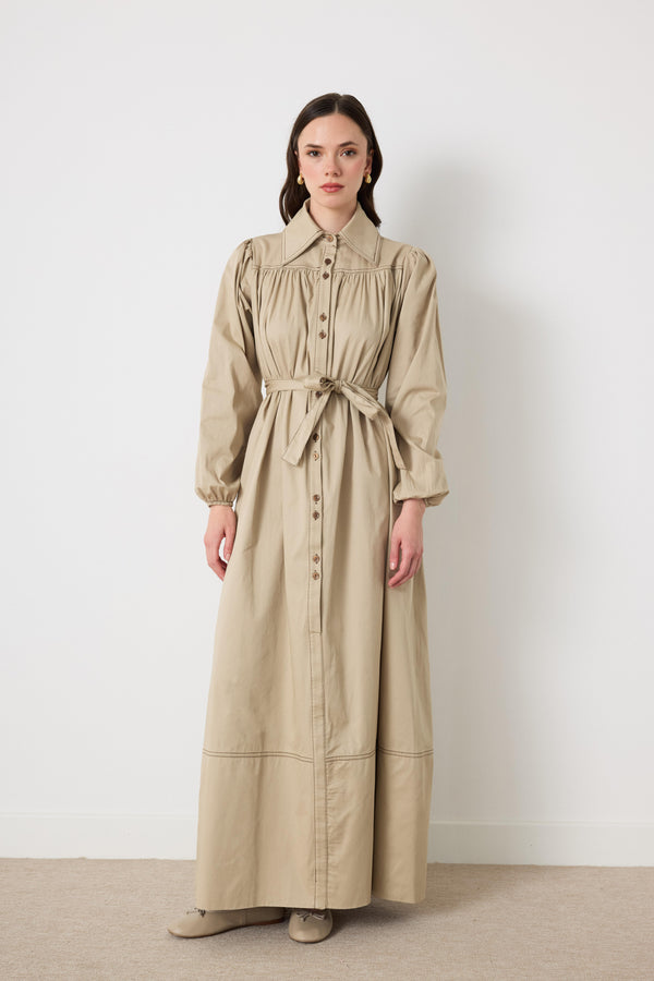 Wilder İpli Gabardin Elbise - Bej
