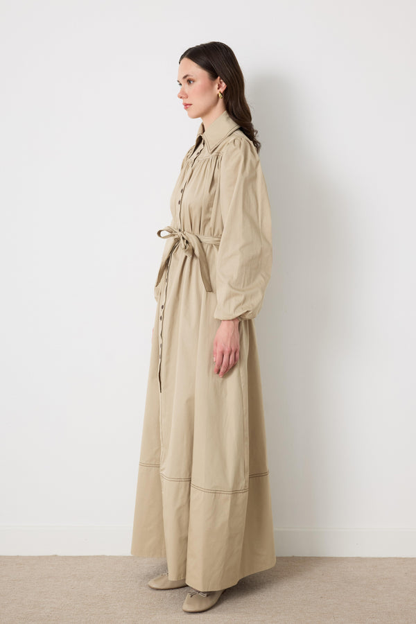 Wilder İpli Gabardin Elbise - Bej
