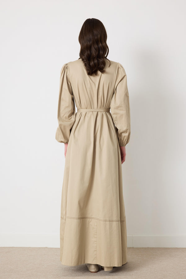 Wilder İpli Gabardin Elbise - Bej