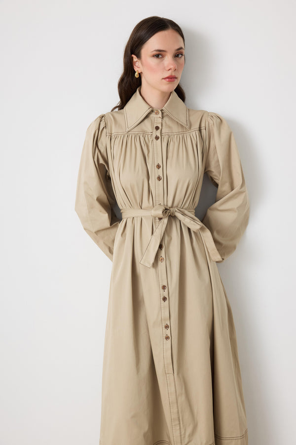 Wilder İpli Gabardin Elbise - Bej