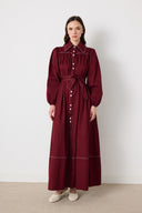 Wilder İpli Gabardin Elbise - Bordo