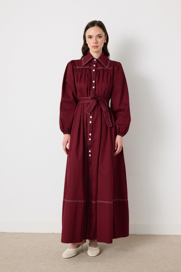 Wilder İpli Gabardin Elbise - Bordo