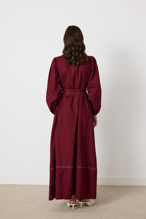 Wilder İpli Gabardin Elbise - Bordo