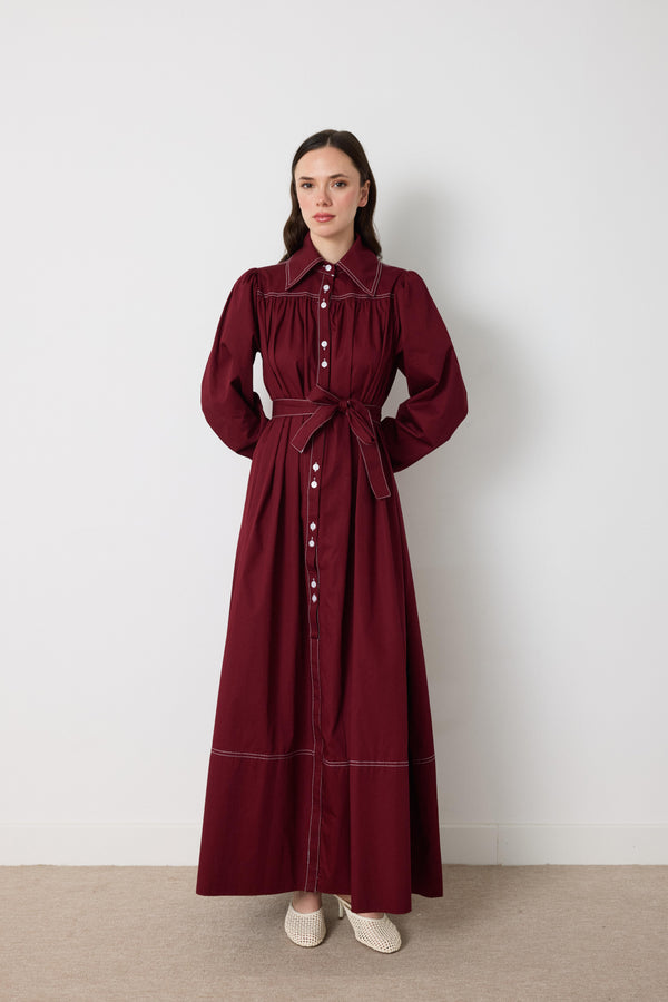 Wilder İpli Gabardin Elbise - Bordo