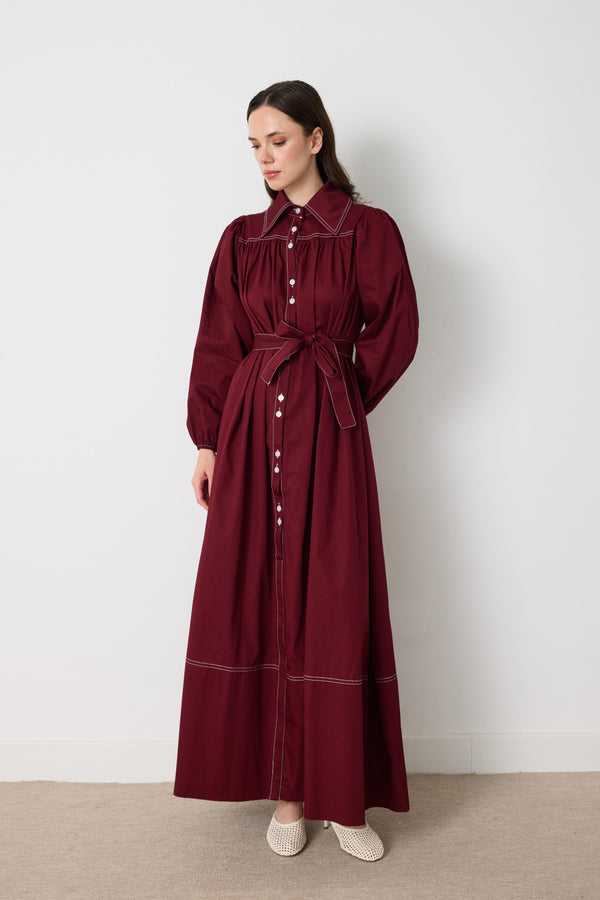Wilder İpli Gabardin Elbise - Bordo