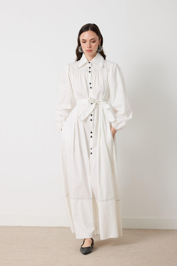 Wilder İpli Gabardin Elbise - Ekru