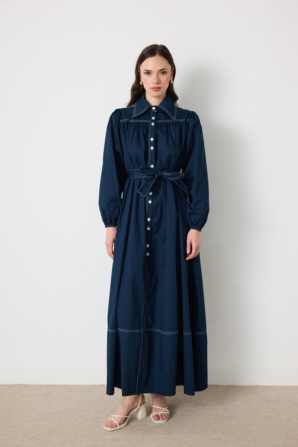 Wilder İpli Gabardin Elbise - Lacivert
