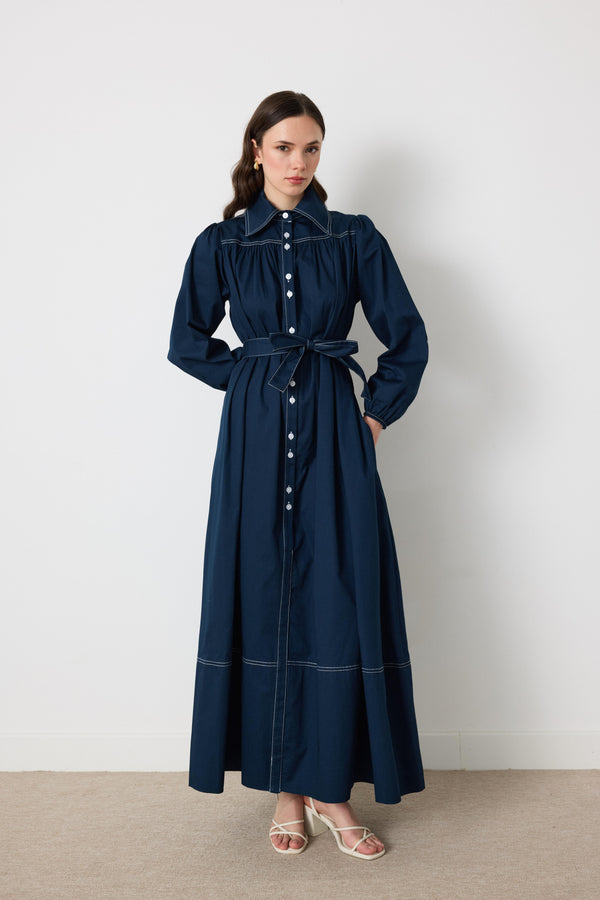 Wilder İpli Gabardin Elbise - Lacivert