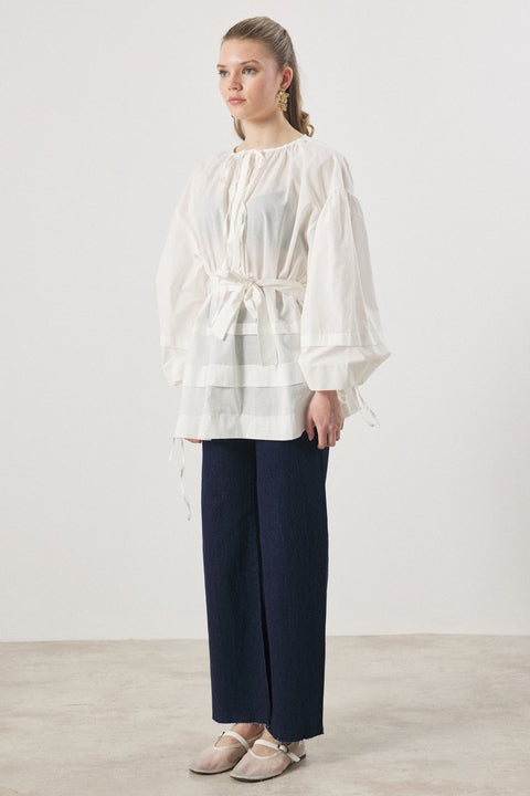 Wide-Ribbed Trim Collar Shirt - Ecru