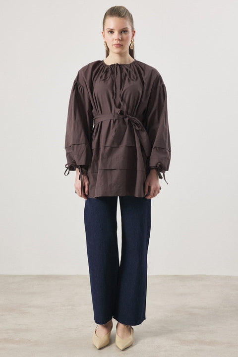 Wide Ribbed Trim Collar Shirt - Brown