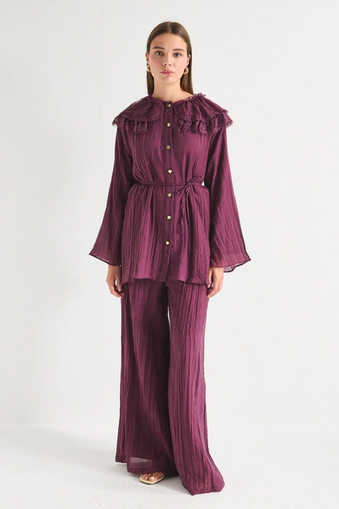 Collared Lace Detailed Pants Set - Plum