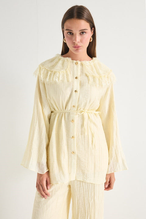 Collar Lace Detailed Pants Set - Yellow